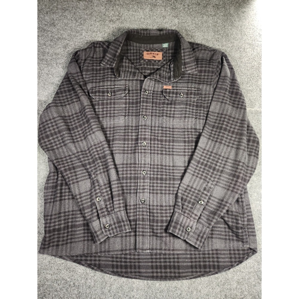 Orvis Flannel Shirt Jacket Men XXL Gray Plaid Heavyweight Double Brushed Shacket